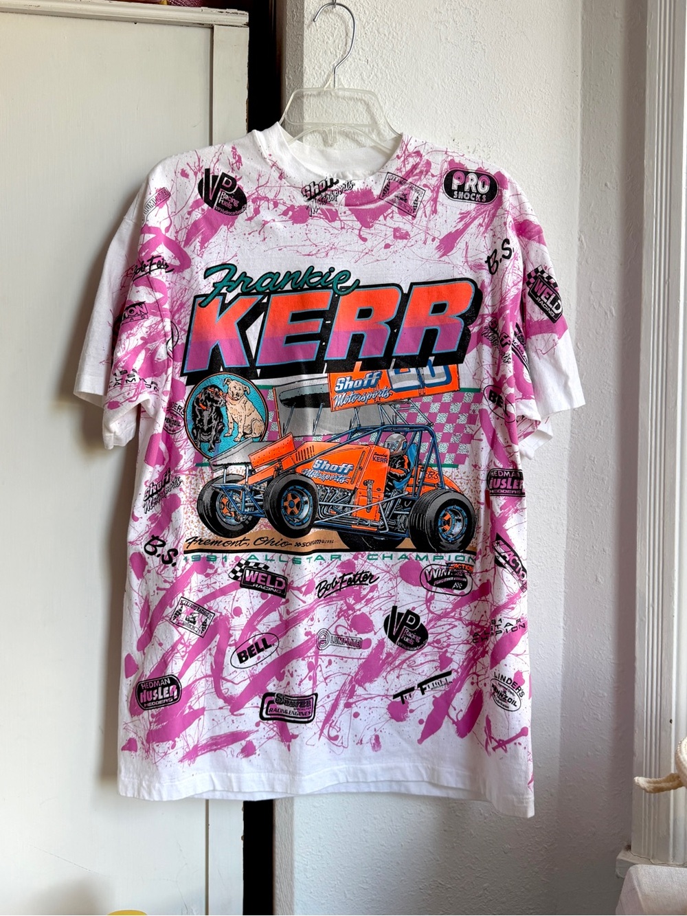 Vintage 90s Hanes beefy-T Frankie Kerr wild aop Shoff sprint car Fremont allstar